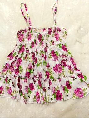 Cottage Core Pink Rose Floral Smocked Babydoll Cami Top. Size small.